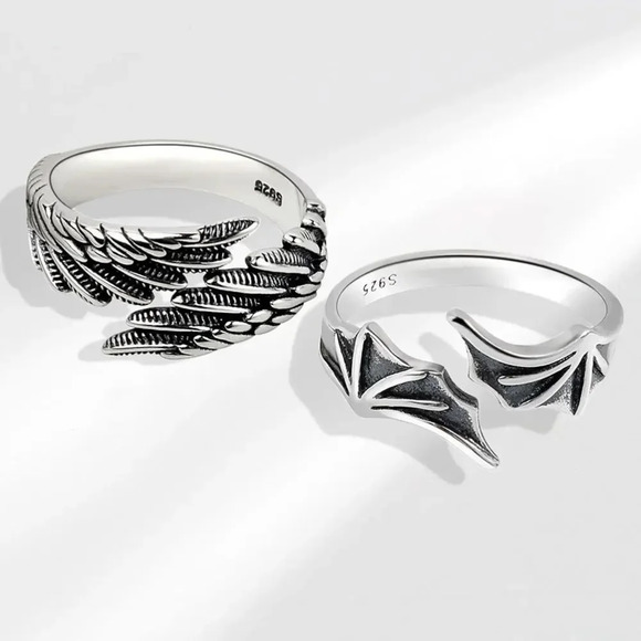 NEW Carved Unisex 925 Sterling Silver Adjustable Angel Wing Ring - Picture 14 of 15